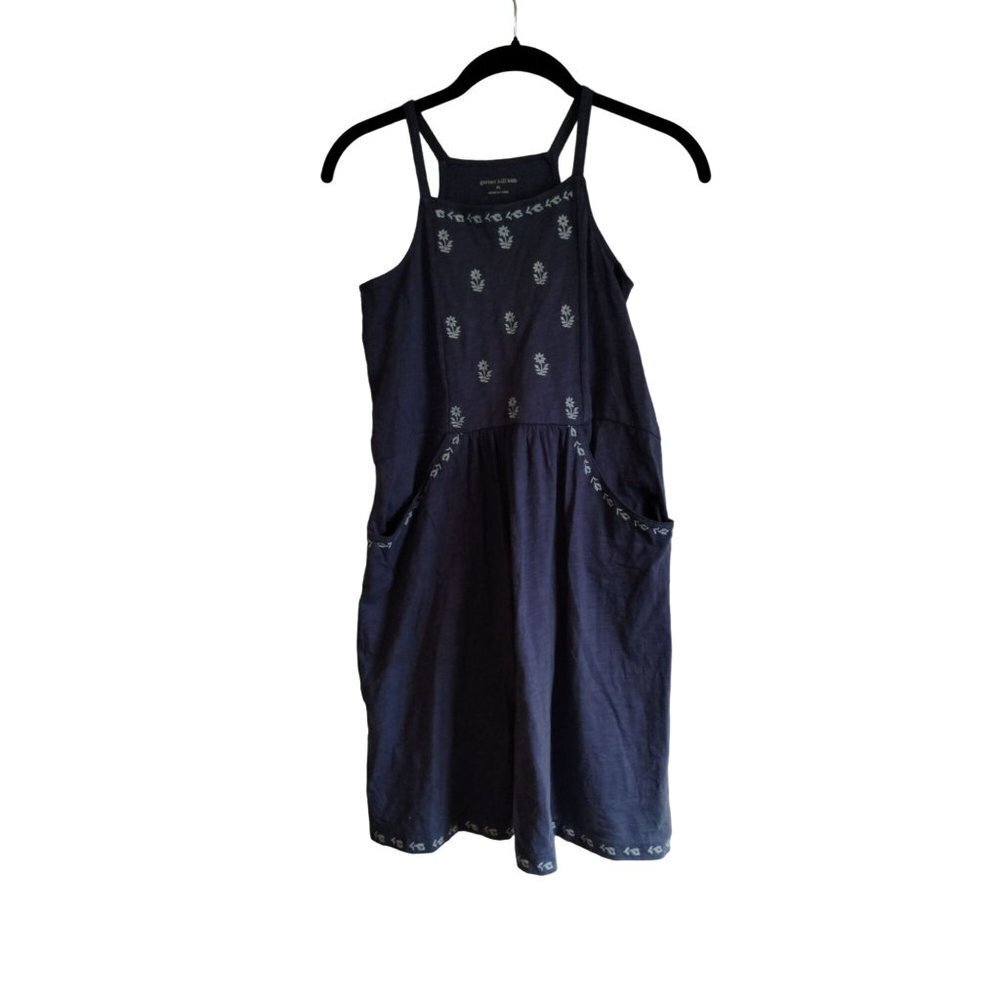 Garnet hill girls dusty blue floral‎ embroidered neckline dress